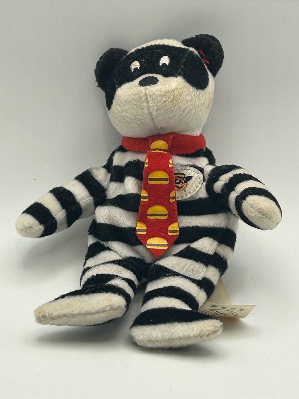 Black & White Striped Plush Bear with Red Tie - Kids Toy
